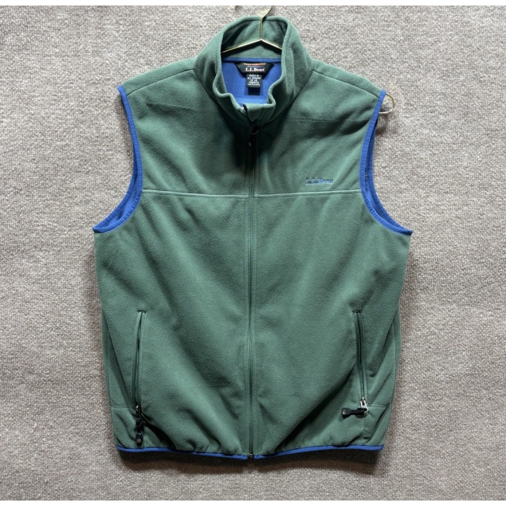 LL Bean Vest Men Medium Green Fleece Soft Full Zip Pockets Nylon Outdoor EUC